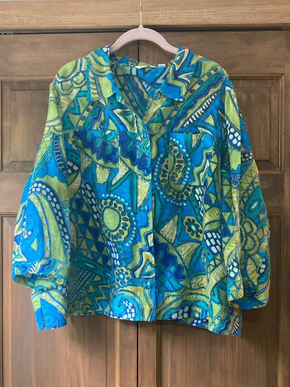Erin by Erin London Green & Blue Semi-Sheer Bold Pattern 3/4 Sleeve Top 1X